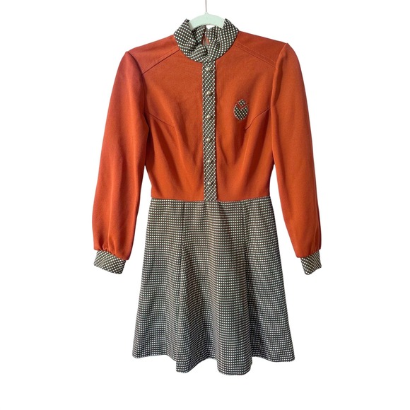Gay Gibson Dresses & Skirts - Vintage Gay Gibson 70s Mod Dress Houndstooth GoGo Retro Mock Neck XS Orange